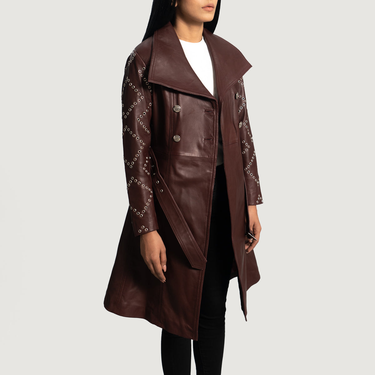 Misso Maroon Leather Trench Coat
