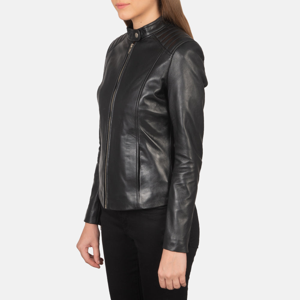 Kelsee Black Leather Biker Jacket For Womens