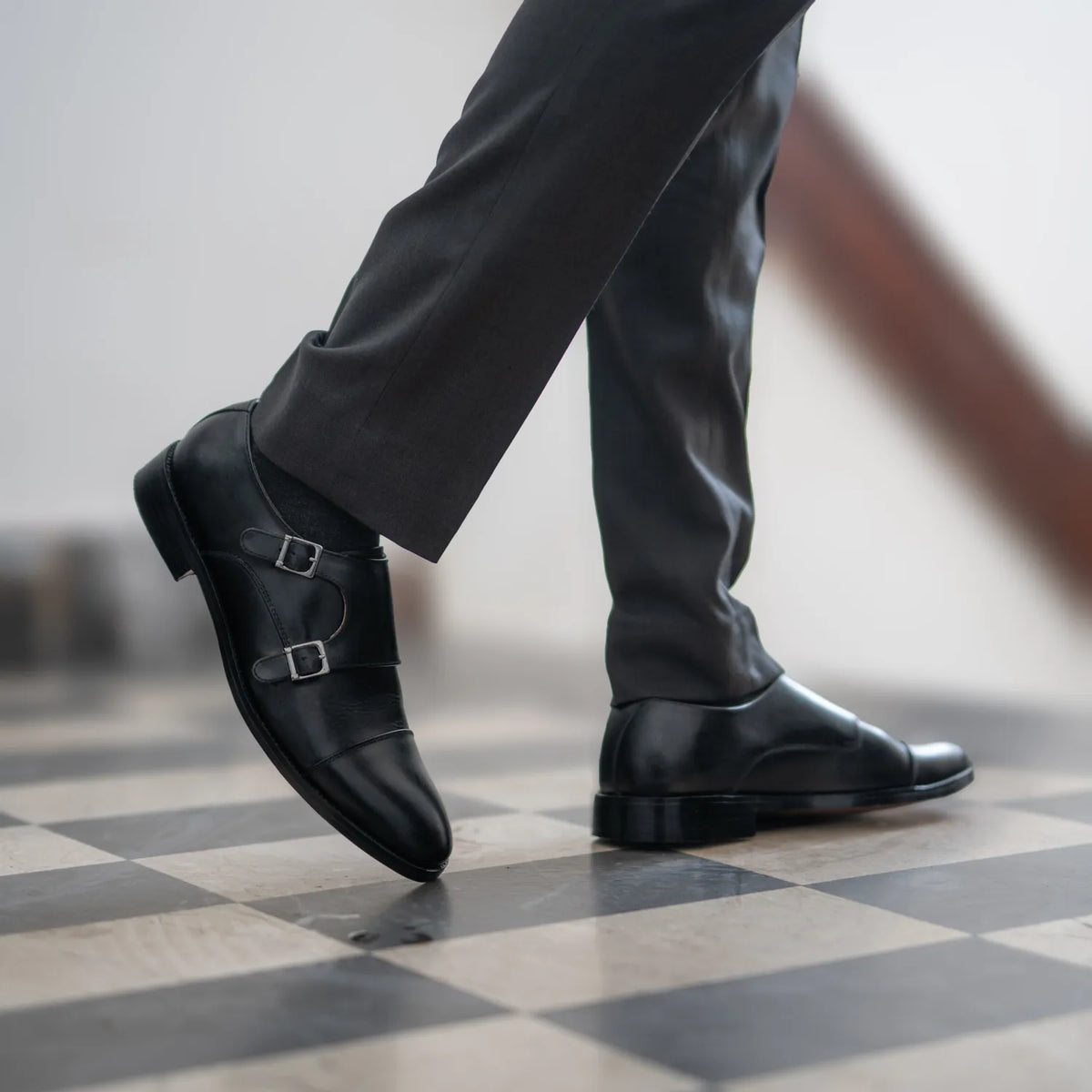 Boston Double Monk Strap Black Leather Shoes