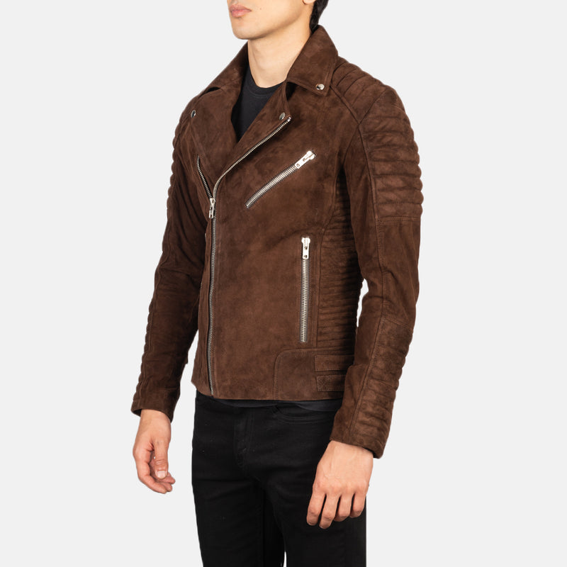 Stylish mocha-colored suede biker jacket with sleek zip detailing and quilted shoulder panels displayed on a male model.