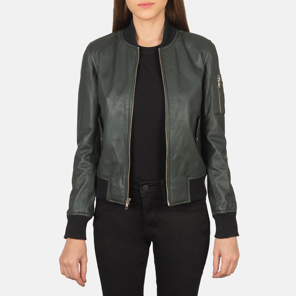Womens Green Leather Bomber Jacket