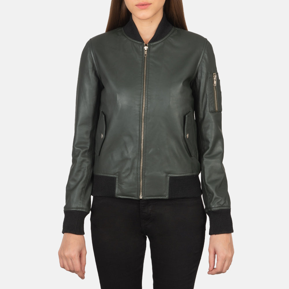 Womens Green Leather Bomber Jacket