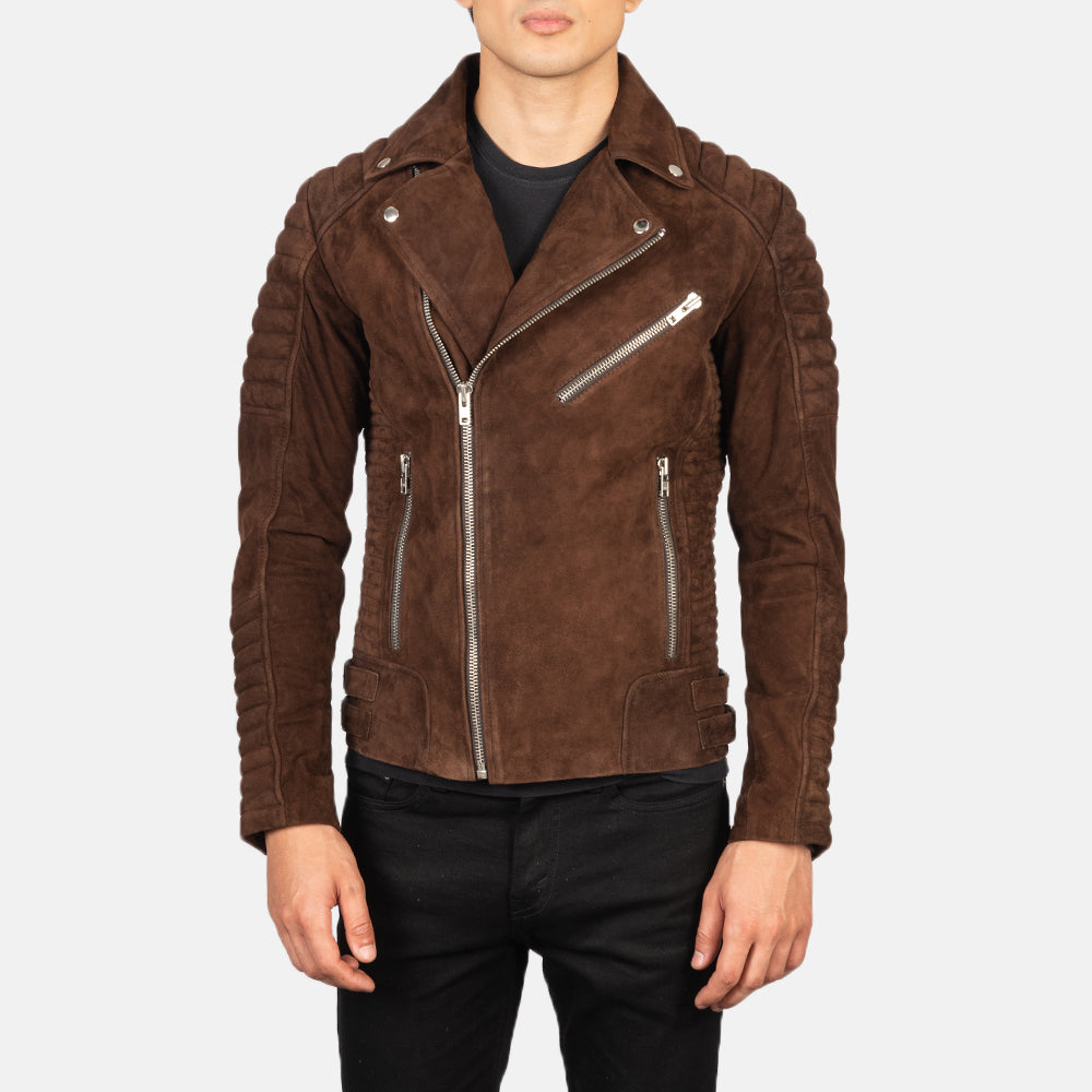 Mocha suede biker jacket with zipper details, worn by a male model in front of a white background.