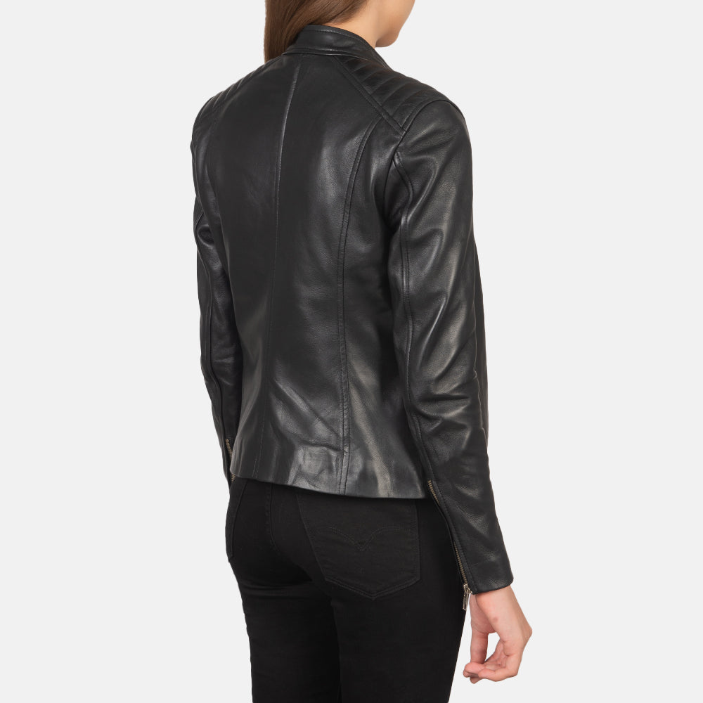 Kelsee Black Leather Biker Jacket For Womens