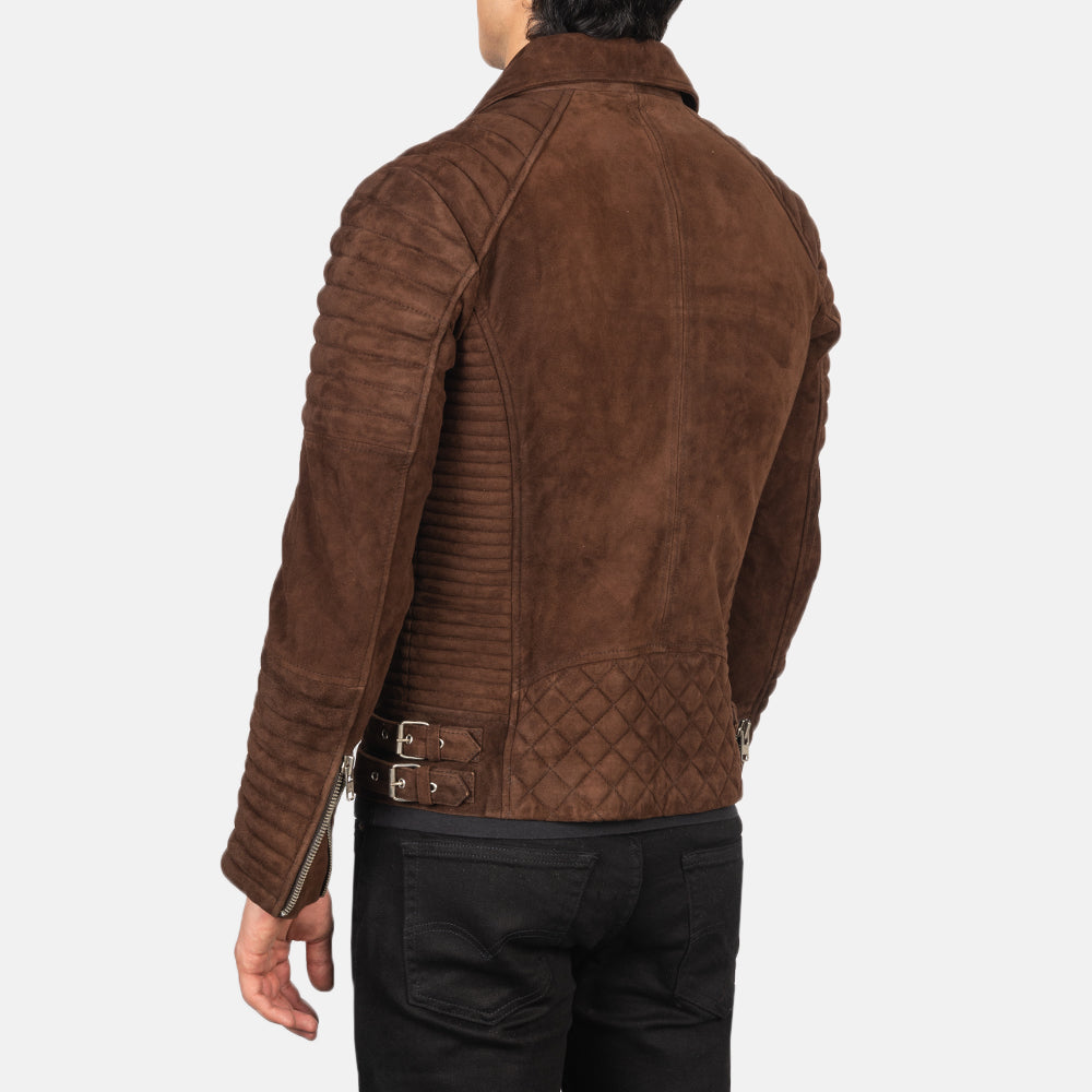 Suede biker jacket in a rich mocha color, featuring a quilted design on the sleeves and a buckle detail on the waist.