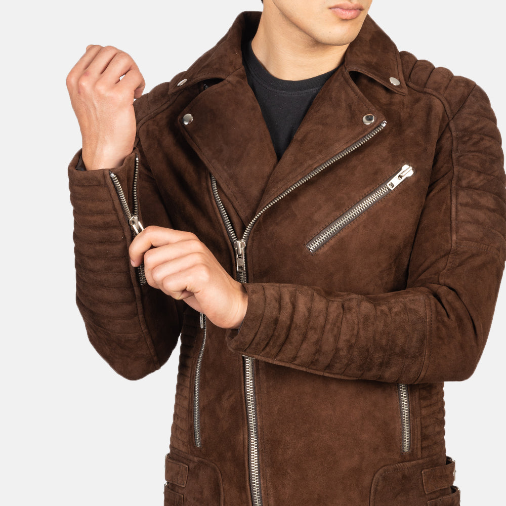 Mocha suede biker jacket, men's stylish suede outerwear, featuring multiple zippers and buttons for a rugged, edgy look.