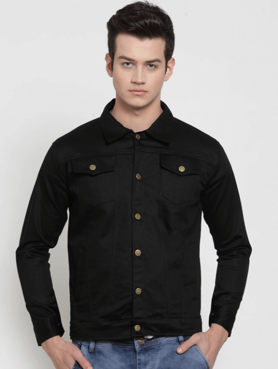 Black denim jacket with button-down design and casual fit for stylish men