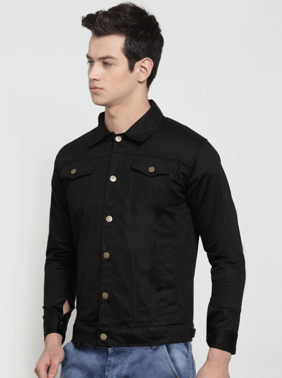 Black denim jacket worn by male model against white background