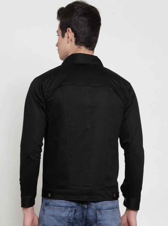 Durable black denim jacket with classic design for modern men's fashion.