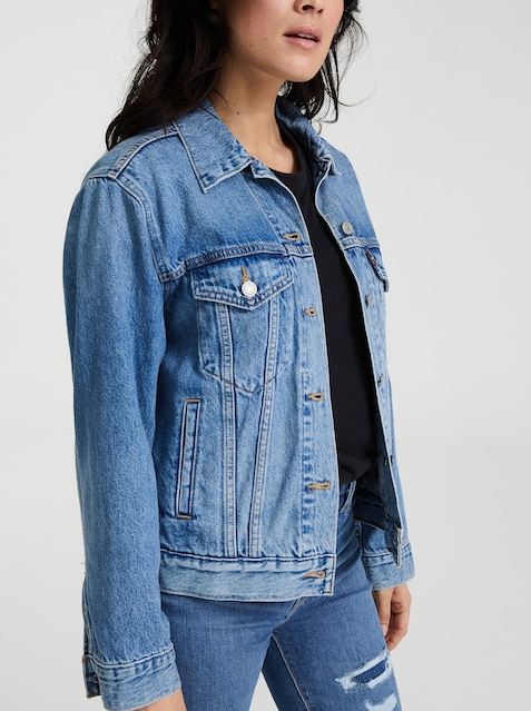 Stylish blue denim jacket for women, featuring a classic jean jacket design with pockets and distressed details.