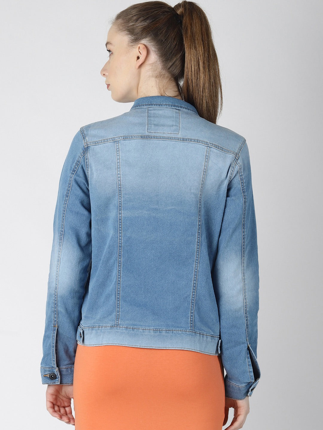 Denim jacket for women, solid blue color, casual and stylish design, perfect for daily wear.
