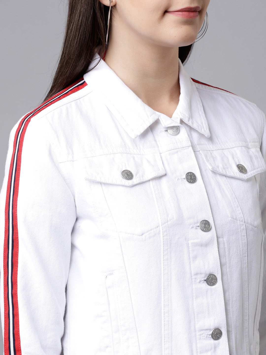 White denim jacket with red stripe detail, casual women's fashion apparel