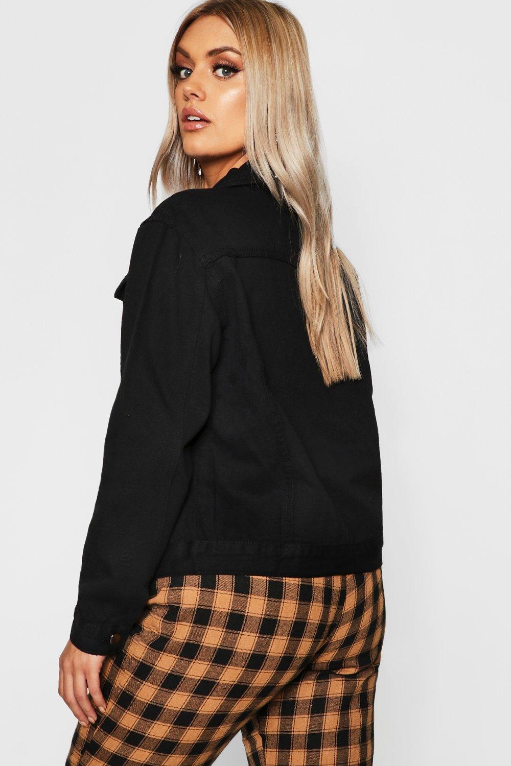 Stylish women's black denim jacket with zip closure and waist pockets