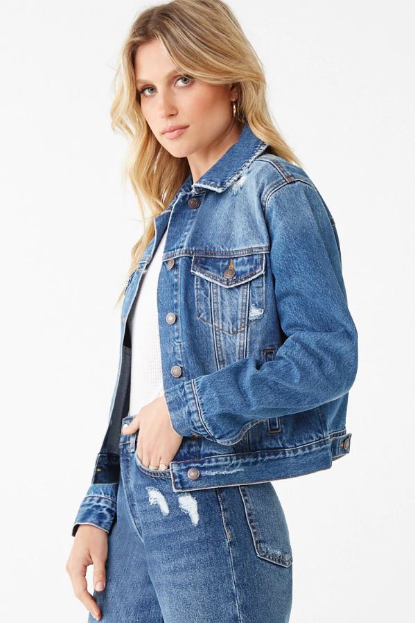 Distressed women's denim jacket with classic styling from Ace Cart.