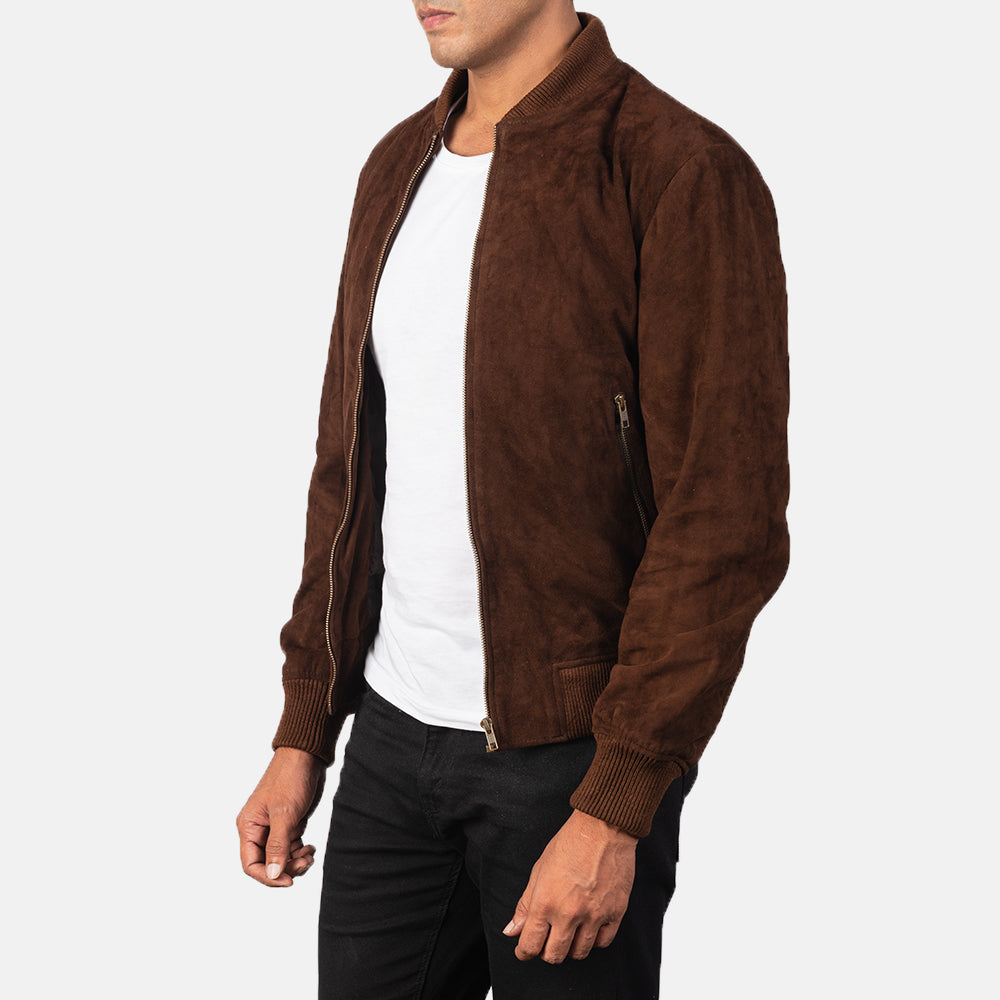 Mocha suede bomber jacket from Ace Cart - stylish men's outerwear with a sleek, sporty look and ribbed collar and cuffs.