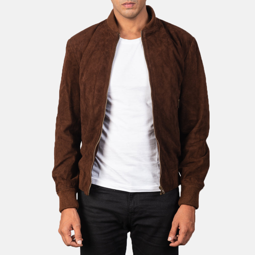 Mocha suede bomber jacket with ribbed cuffs and collar, worn by a male model against a white background.