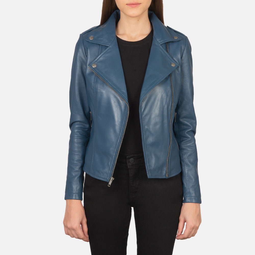 Women Fashback Blue Leather Biker Jacket