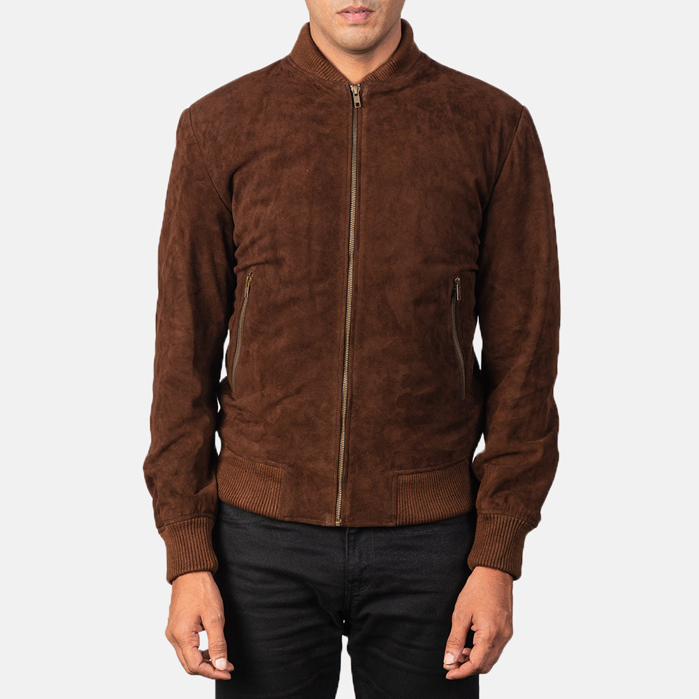 Mocha suede bomber jacket with a zip-up front, worn by a male model.