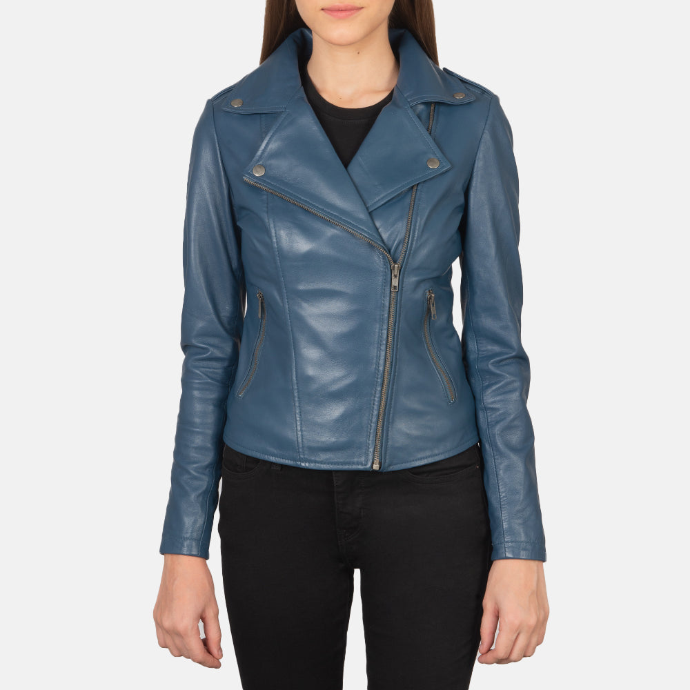 Women Fashback Blue Leather Biker Jacket