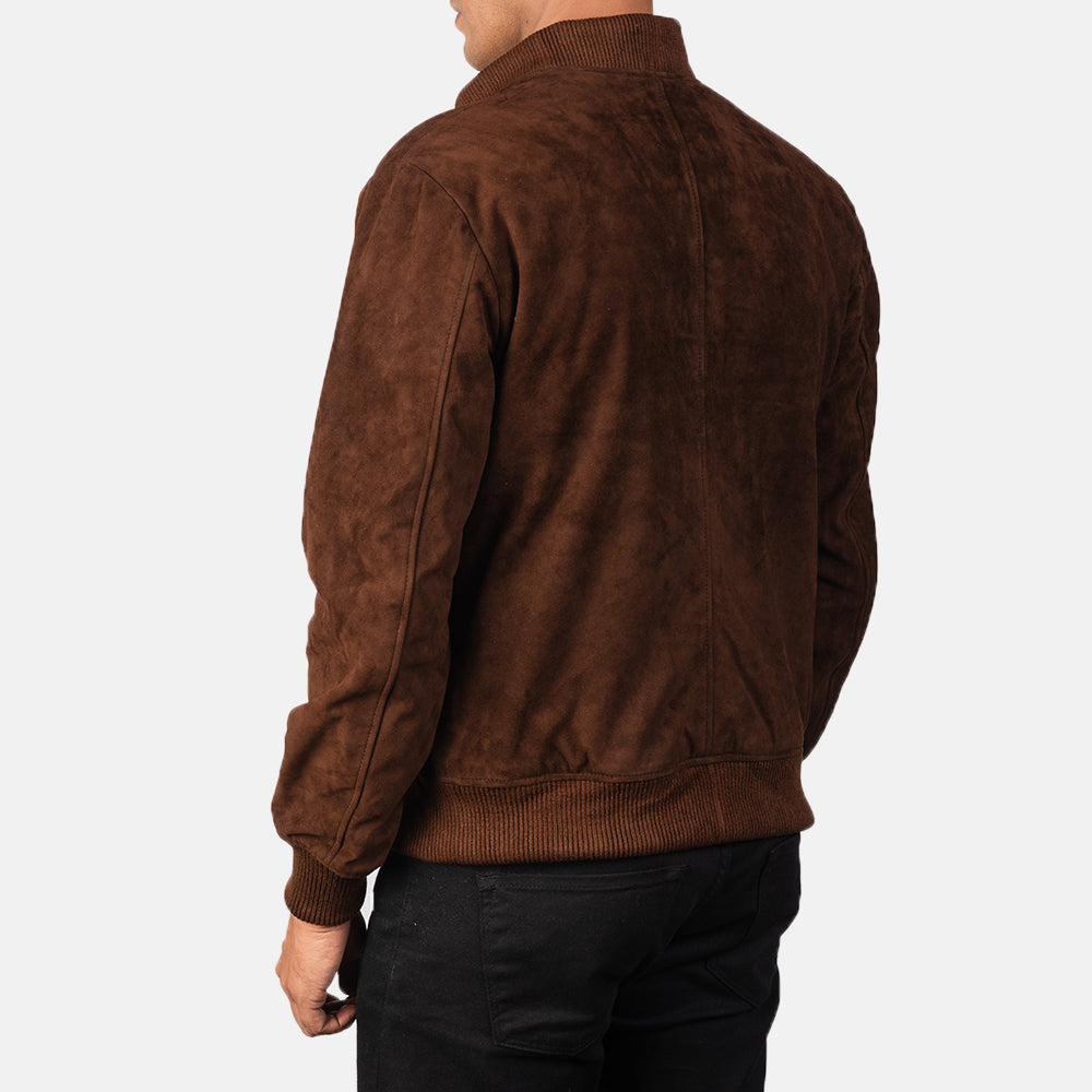 Brown suede bomber jacket with ribbed cuffs and waistband