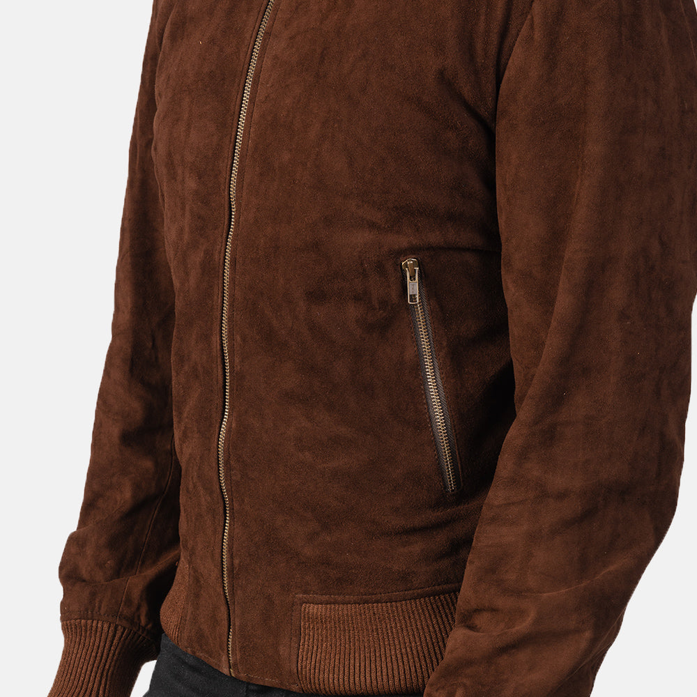 Mocha suede bomber jacket with zipper pockets and cuffed sleeves from Ace Cart.