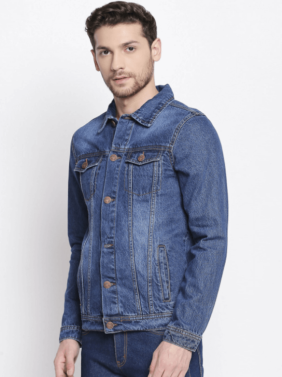 Rugged Denim Jacket: Classic Men's Blue Jacket with Distressed Details