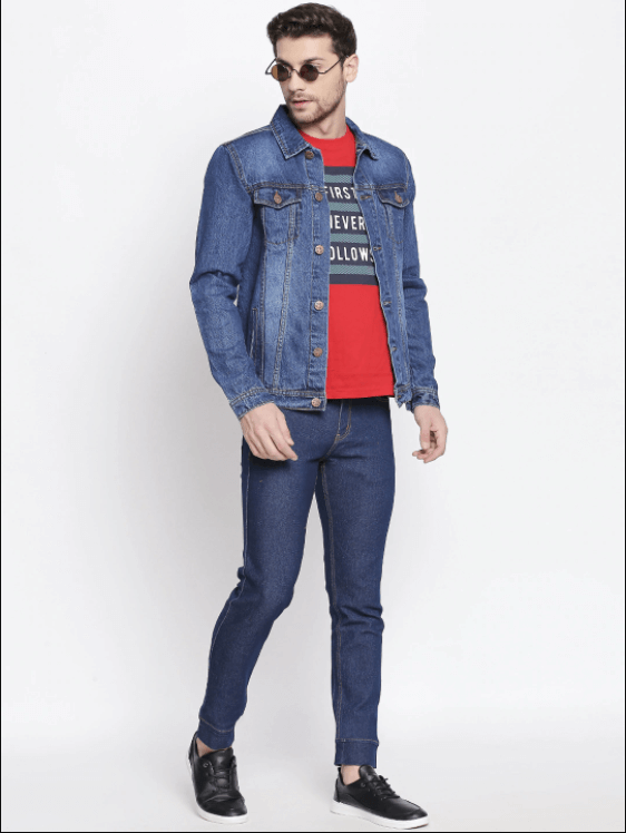 Stylish denim jacket and jeans outfit for men with graphic tee