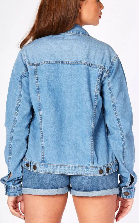 Light blue denim jacket for stylish women, featuring a classic design with a button-up front and two front pockets. The jacket is made of high-quality denim material, providing a comfortable and fashionable look.