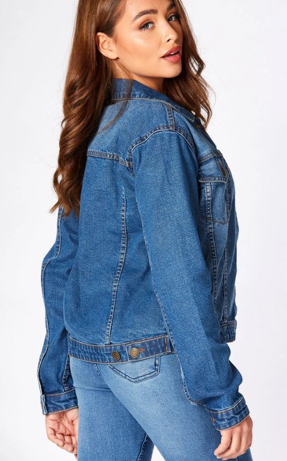 Blue denim jacket for women, featuring a classic solid color design and long sleeves for versatile style.