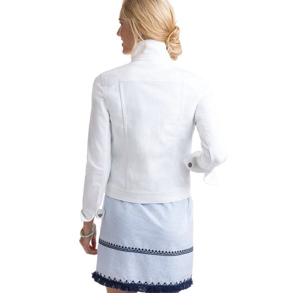 Elegant white denim jacket with stylish button details, worn by a young woman with blonde hair.