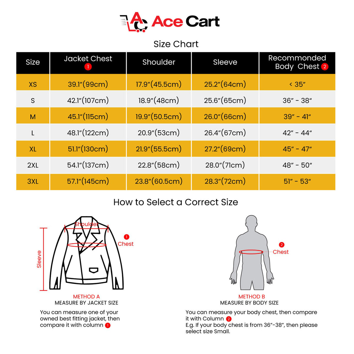 Charcoal mocha suede biker jacket displayed with size chart for Ace Cart brand.