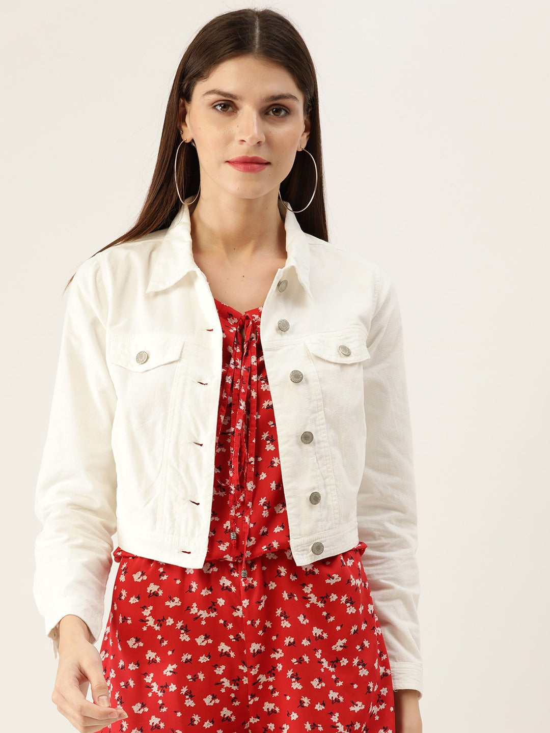 White Women's Denim Crop Jacket - Stylish outerwear with front button closure, slim silhouette, and white color.