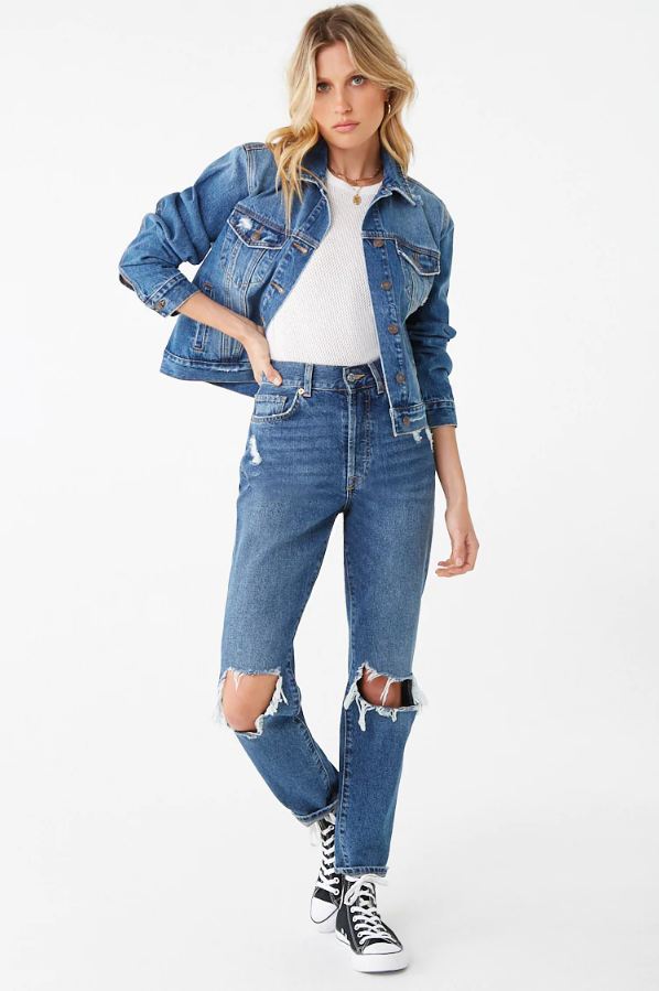 Distressed Women's Denim Jacket and Jeans - Stylish Casual Outfit