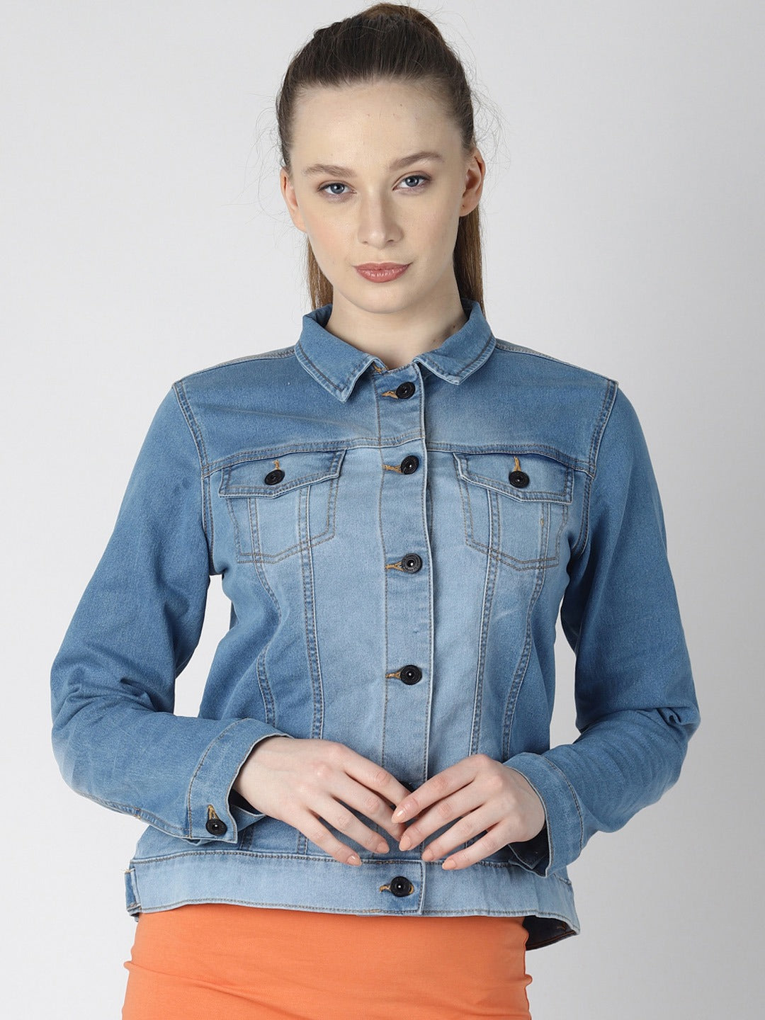 Blue women's jacket with denim texture and button-up design, showcasing a stylish and casual fashion look.
