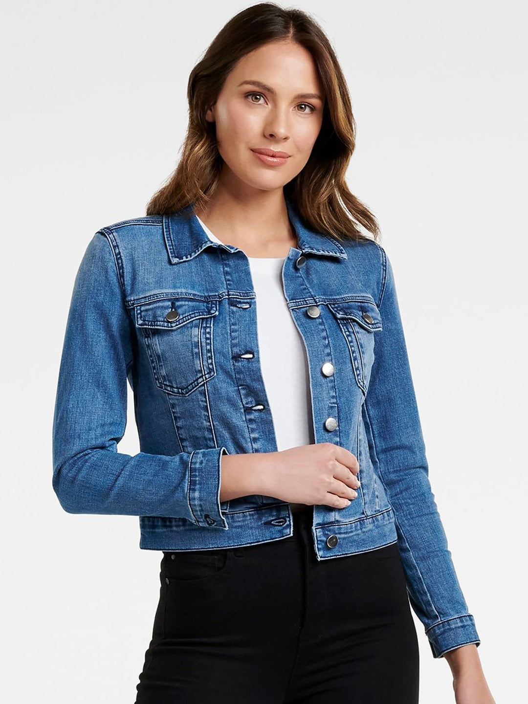Stylish women's blue denim jacket with button closure and classic jean detailing
