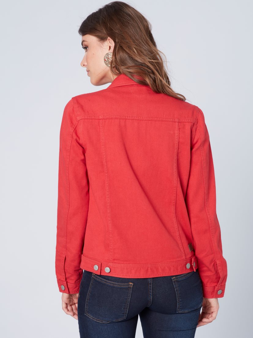 Red Denim Jacket for Women
A vibrant red denim jacket with a classic collar, featuring long sleeves and button-up closure.