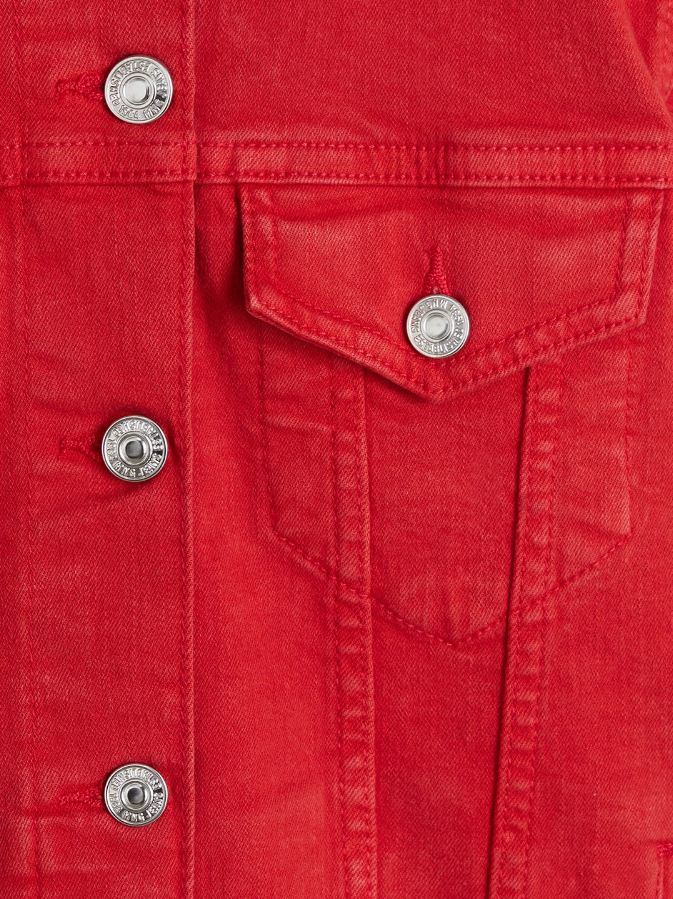 Red solid denim jacket with silver-tone metal buttons on the front and pockets