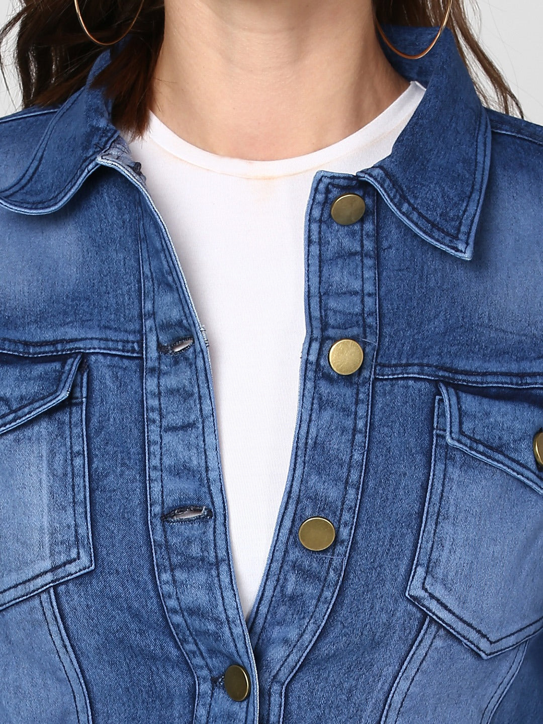 Women's classic denim jacket with button-up design and casual, versatile style.