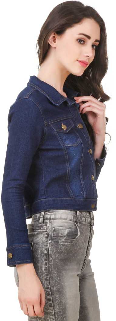 Stylish women's dark blue denim jacket with button closure, featuring a casual yet chic design for everyday wear.