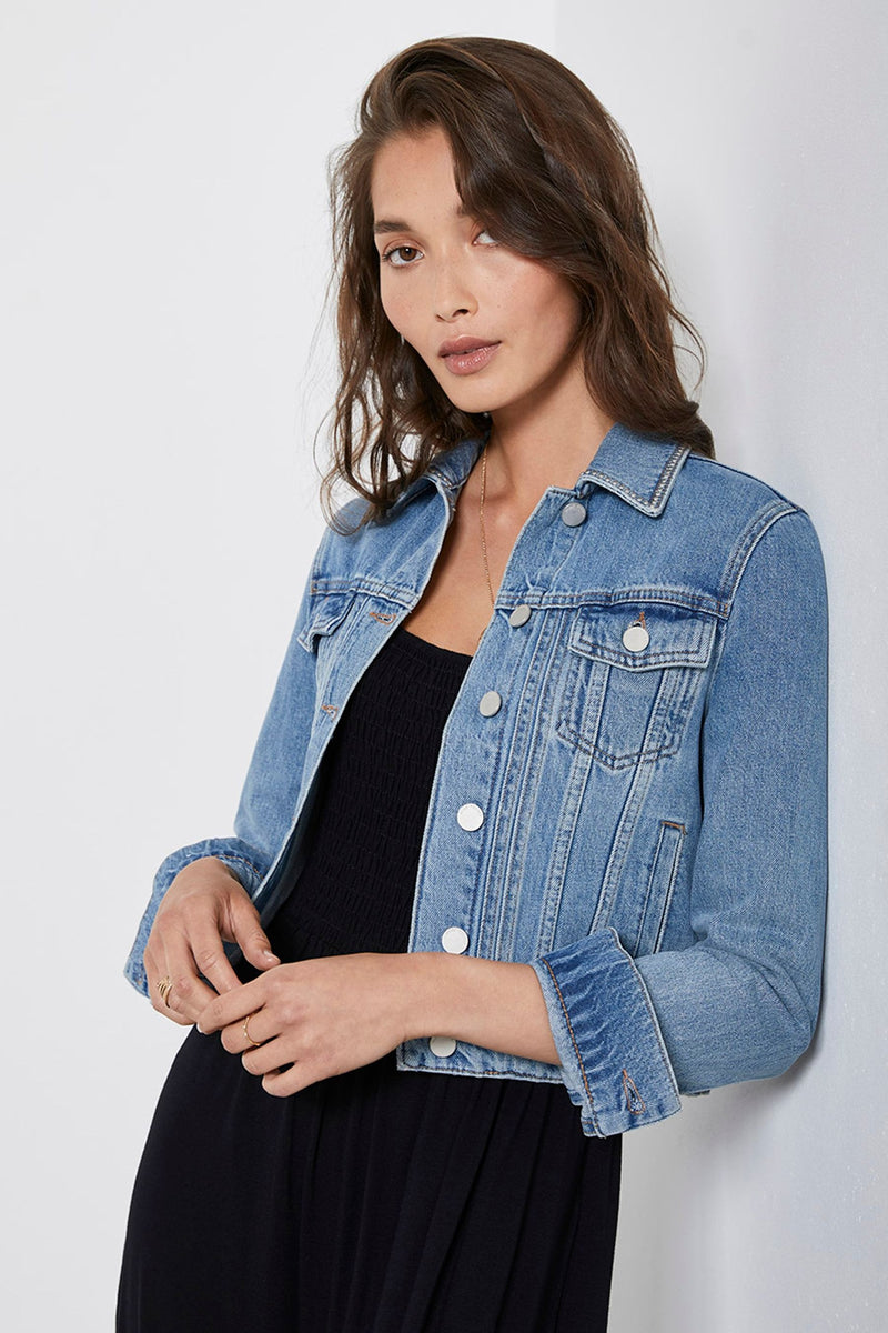 Stylish blue denim jacket with puff shoulders for fashionable women