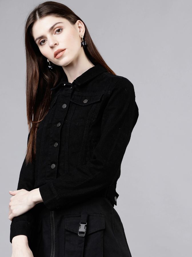 Chic black denim jacket for stylish women, showcasing versatile fashion statement.