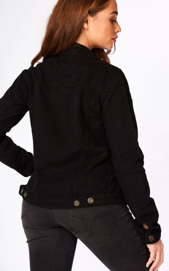 A black denim jacket with a comfortable collar, made of high-quality material, suitable for casual or formal wear.