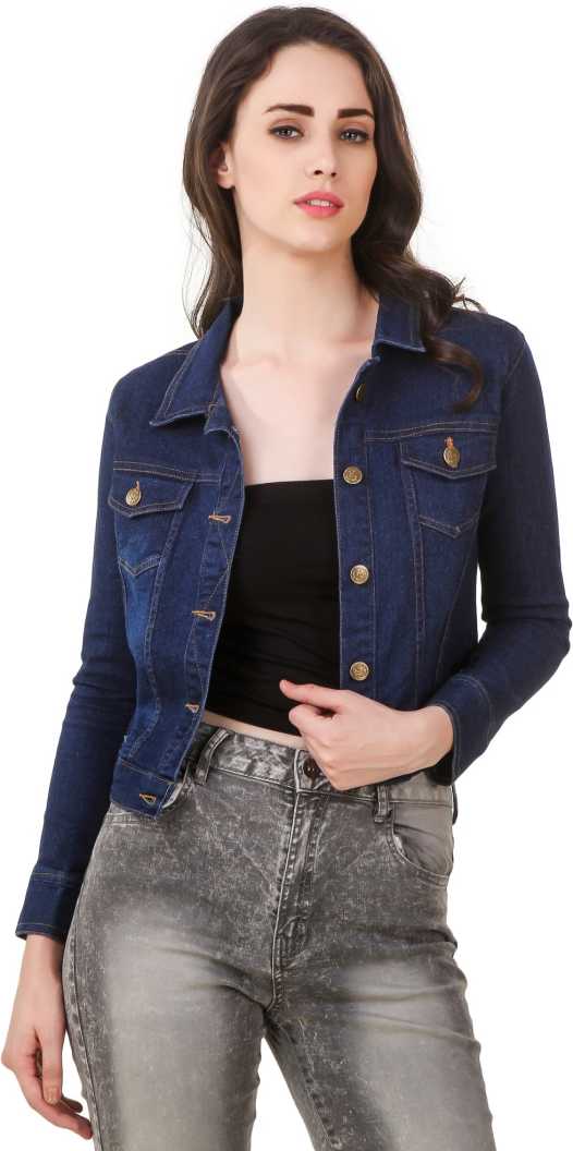 Stylish women's denim jacket in navy blue, featuring classic jean pockets and buttons for a modern look.