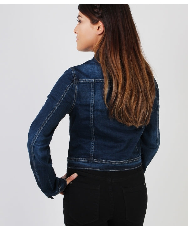 Cropped dark blue denim jacket with long sleeves for fashionable women