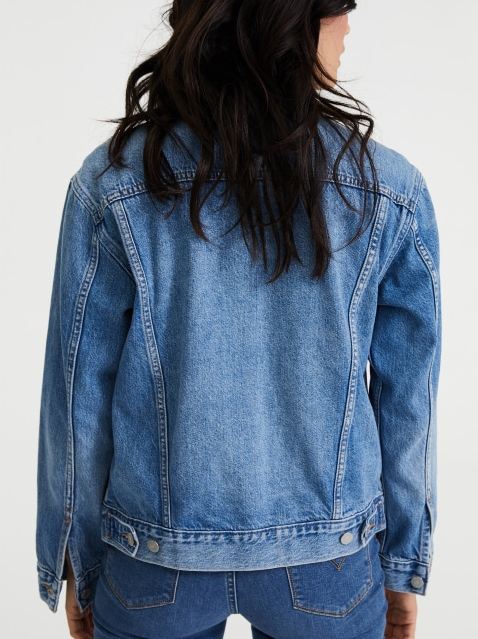 Stylish denim jacket, vibrant blue color, classic jean design, casual and comfortable wear, perfect accessory for women's casual attire.
