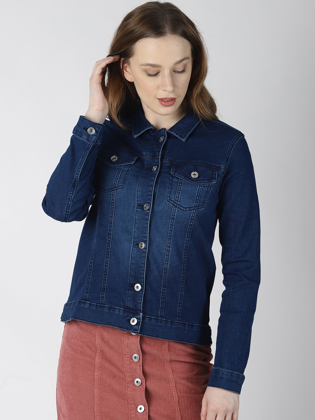 Dark blue denim jacket for women, with button-front closure and classic collar design.