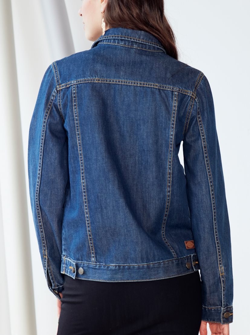 Stylish women's denim jacket with classic blue wash and simple design.