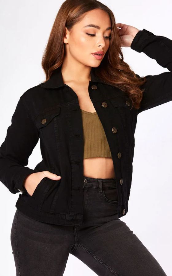 Stylish woman's black denim jacket with buttons, showcased against a plain background.