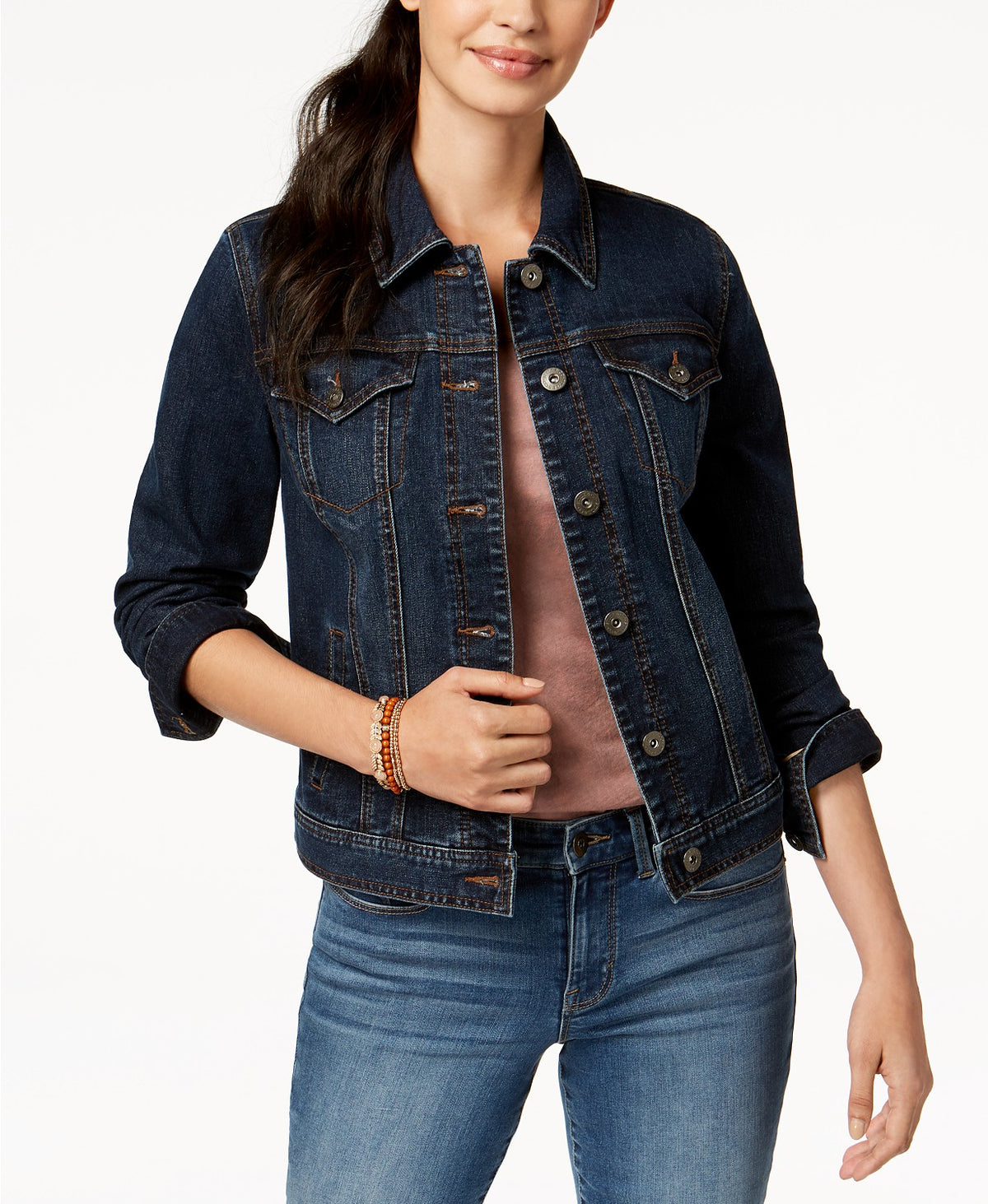 Classic Denim Jacket: Women's dark blue solid-colored denim jacket with button closure and front pockets.