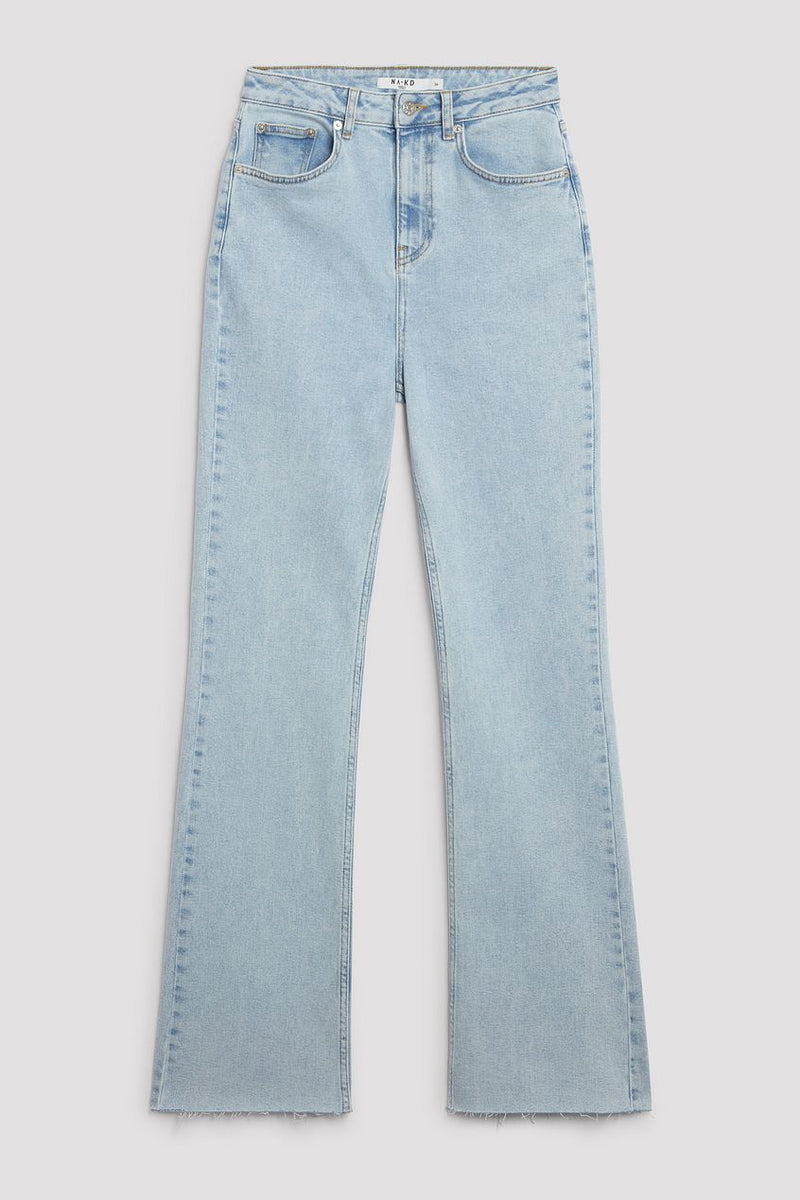 High-waist flared denim jeans on a plain white background.